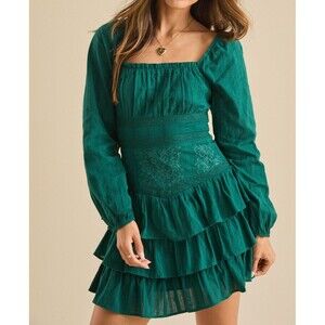 Altar’d State Naomi Embroidered Mini Dress Green Women’s Size M Long Sleeve